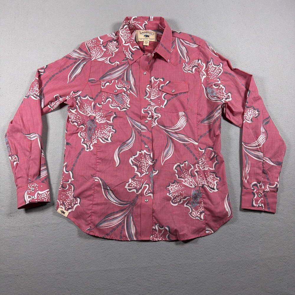 Western Aloha Shirt Mens Large Pink Floral Hawaiian Western Snap Long Sleeve
